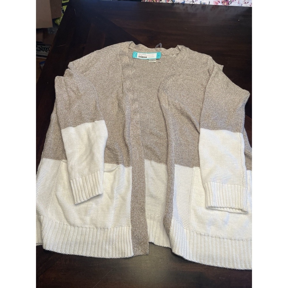 Cotton Emporium Color Block Tan / Gray Cream Open Cardigan Medium NWT